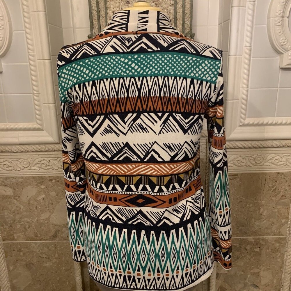 Adrienne Open Cardigan in Teal, Rust, Black & White Geometric Print - Picture 10 of 12